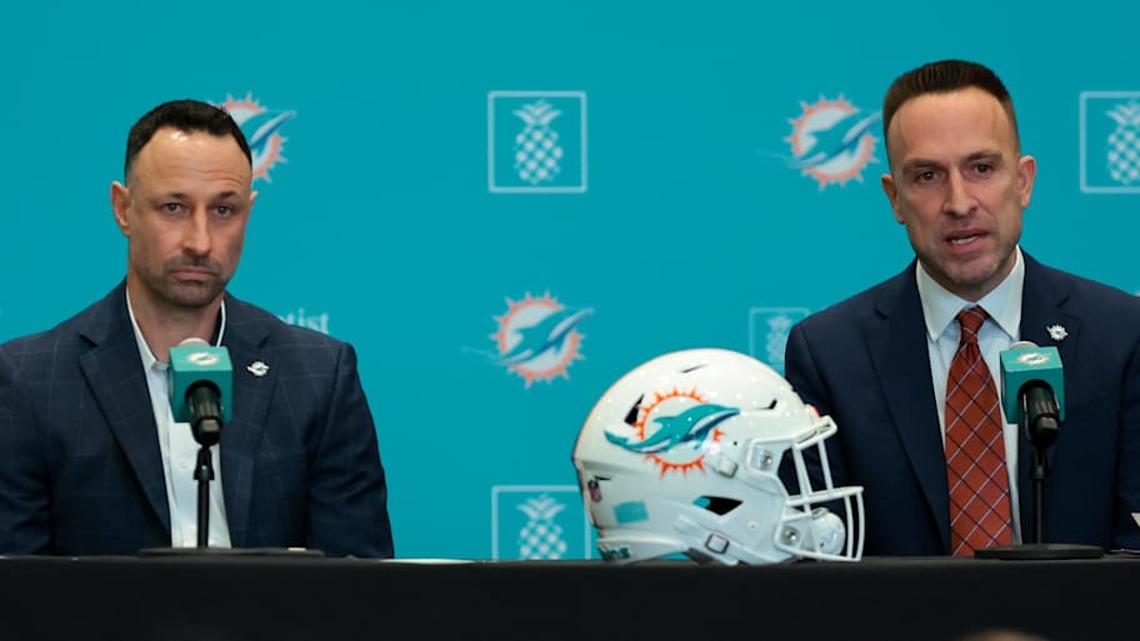  Jan 22, 2026; Miami Gardens, FL, USA; Miami Dolphins head coach Jeff Hafley, right, joined by general manager Jon-Eric Sullivan, left, speak to reporters during their introductory press conference at Baptist Health Training Complex. Mandatory Credit: Sam Navarro-Imagn Images | Sam Navarro-Imagn Images 