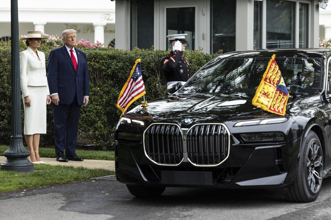 President Donald Trump and first lady Melania Trump watch as King Charles III and Queen Camilla depart after a visit to the White House in Washington, on Tuesday, April 28, 2026. (Anna Rose Layden/The New York Times)