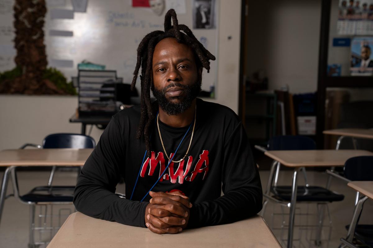  Anthony Crawford, who says he feels compelled to teach literature in a way that connects to his students, in his classroom at Millwood High School in Oklahoma City, on Monday, April 13, 2026. Credit: Nick Oxford for The Hechinger Report