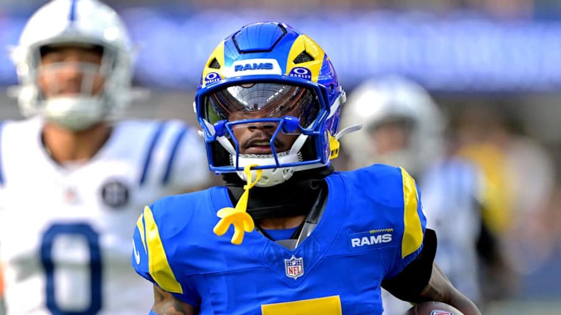  Sep 28, 2025; Inglewood, California, USA; Los Angeles Rams wide receiver Tutu Atwell (5) runs for a touchdown on an 88 yard pass play in the fourth quarter against the Indianapolis Colts at SoFi Stadium. Mandatory Credit: Jayne Kamin-Oncea-Imagn Images | Jayne Kamin-Oncea-Imagn Images 
