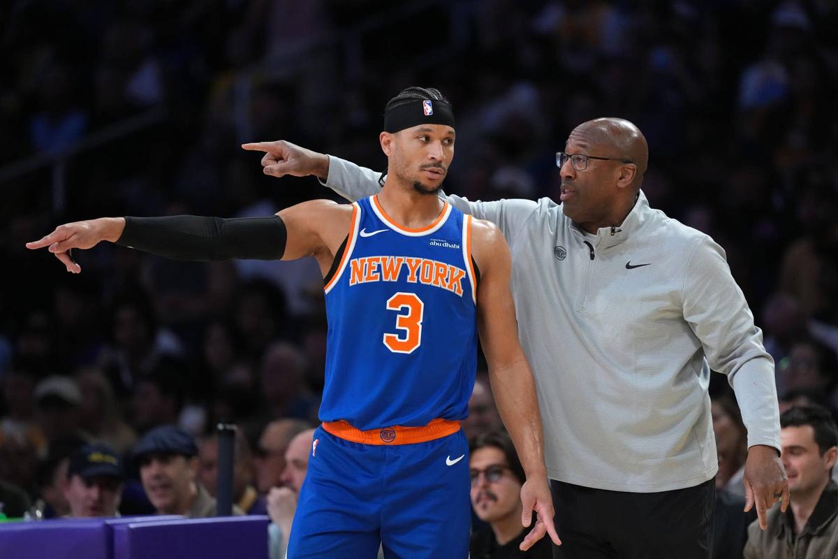  New York Knicks guard Josh Hart speaks with head coach Mike Brown during their game against the Los Angeles Lakers at Crypto.com Arena on March 8, 2026. Kirby Lee-Imagn Images