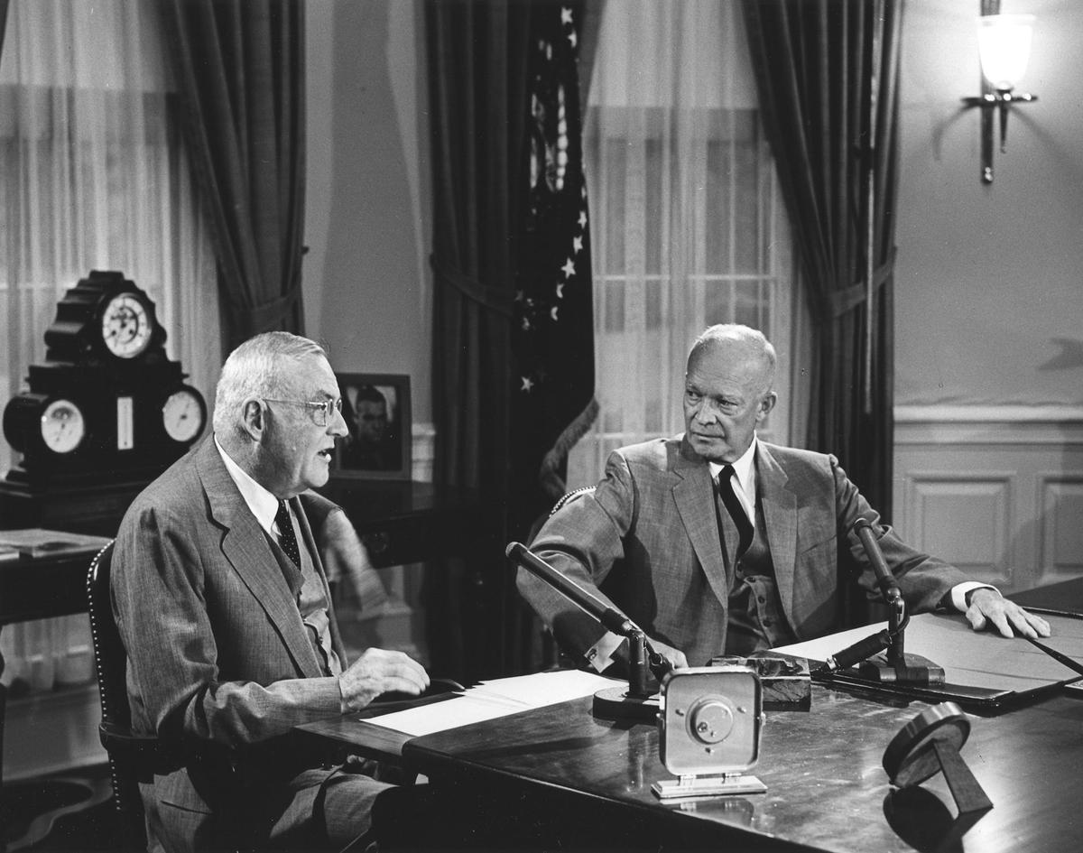  Secretary of State John Foster Dulles, left, and President Dwight Eisenhower discuss the nationalization of the Suez Canal by the Egyptian government in August 1956 at the White House. Abbie Rowe/PhotoQuest via Getty Images 