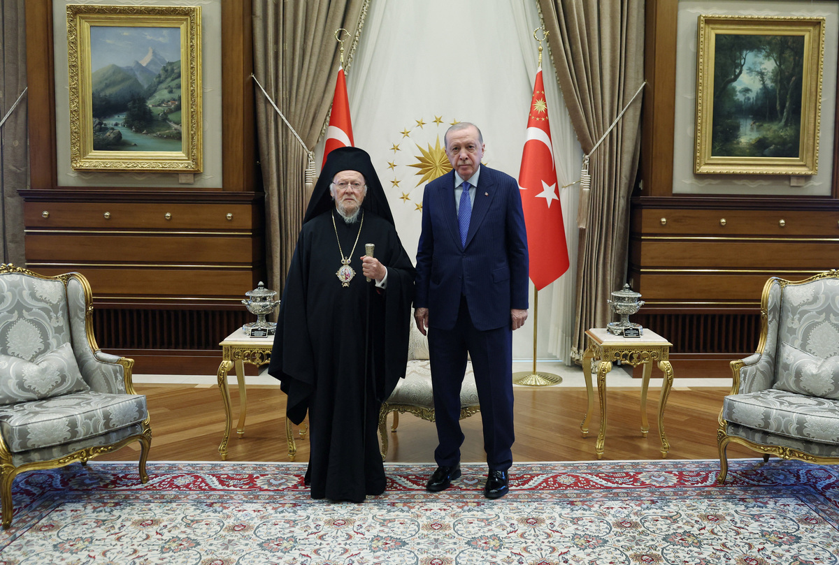 Turkish President Tayyip Erdogan meets with Ecumenical Patriarch Bartholomew I at the Presidential Palace in Ankara, Turkey, June 16, 2026. Murat Kula/Presidential Press Office/Handout via REUTERS
