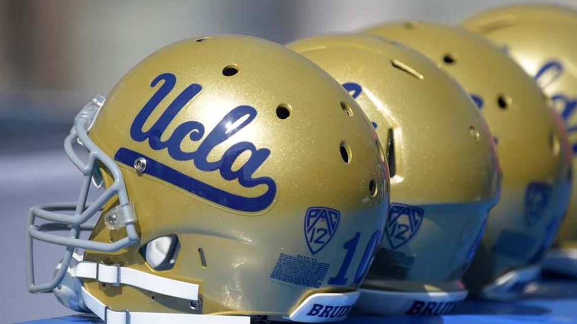 Oct 11, 2014; Pasadena, CA, USA; UCLA Bruins helmets during the game against the Oregon Ducks at Rose Bowl. Mandatory Credit: Kirby Lee-Imagn Images | Kirby Lee-Imagn Images 