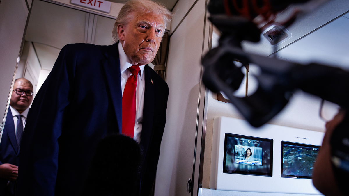 U.S. President Donald Trump speaks with reporters while aboard Air Force One on June 5, 2026, en route to Chippewa Falls, Wisconsin. President Trump is traveling to an event at Custer Farms in Chippewa Falls, Wisconsin. (Samuel Corum/Getty Images/TNS)