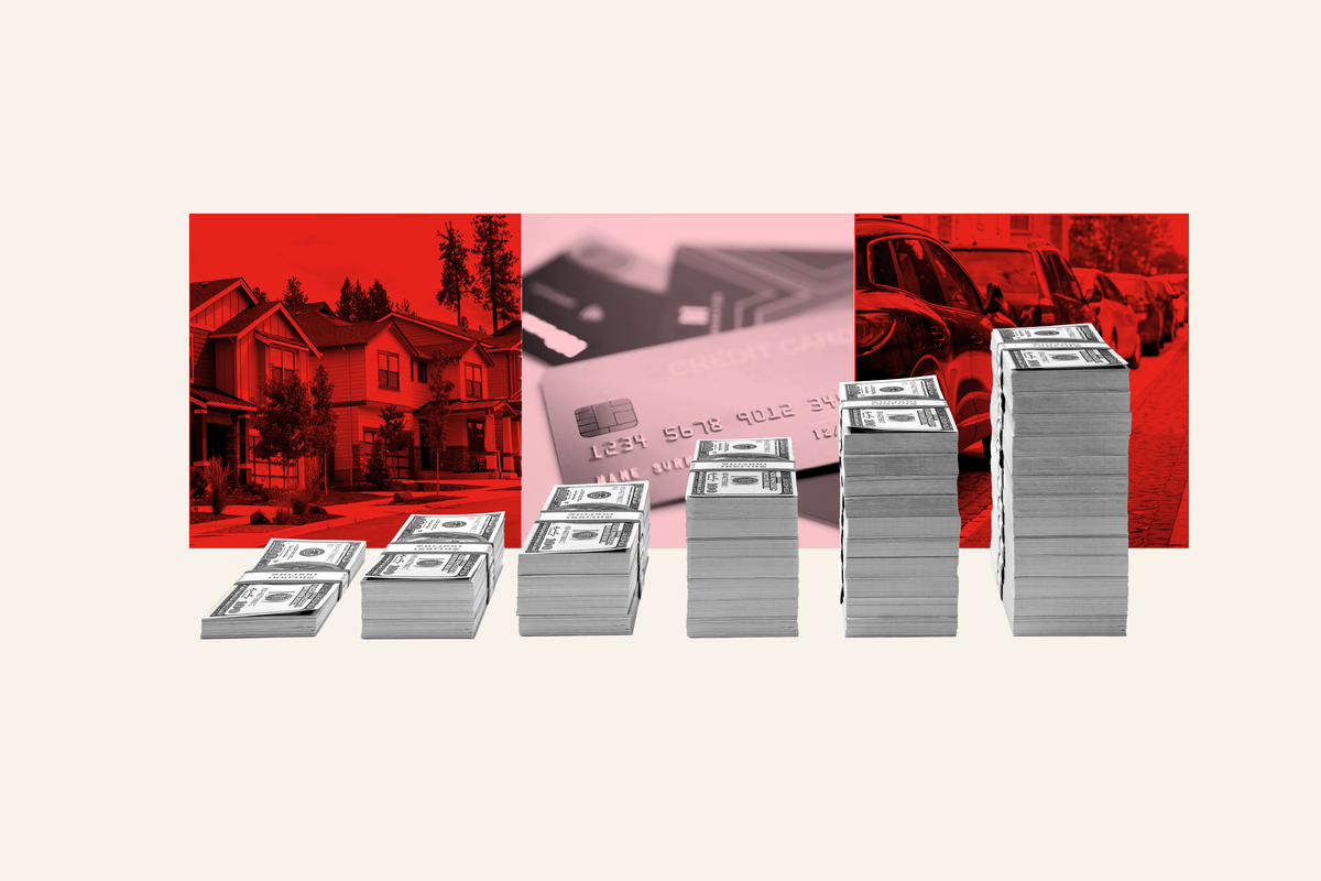  A Newsweek composite of a growing stack of dollar bills in front of houses and credit cards. 