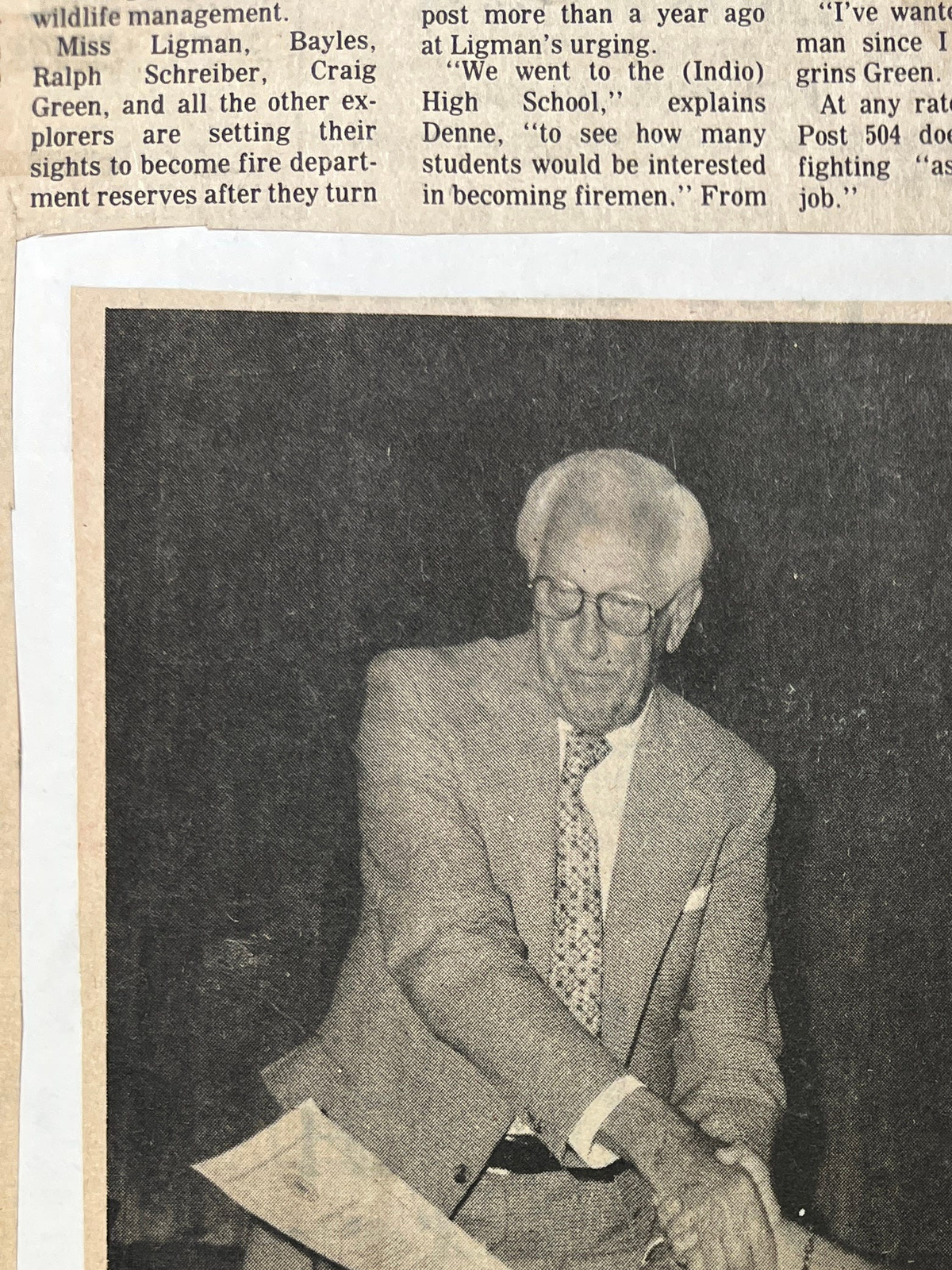 A Desert Sun newspaper clipping showing Jack McCollum, Chairman of the City of Indio’s Bicentennial Committee, presenting a bicentennial message and commendation from U.S. President Gerald Ford to Indio Mayor Ray Rinderhagen on June 10, 1976.