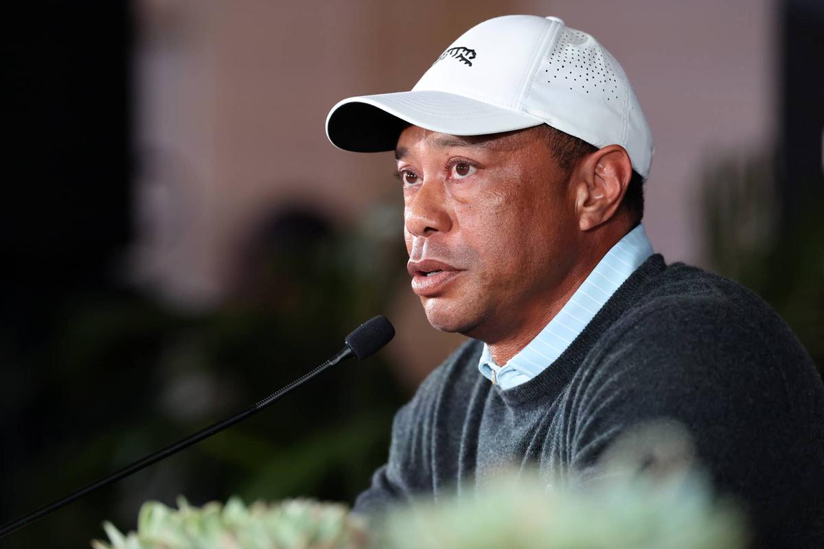  Feb 17, 2026; Pacific Palisades, CA, USA; Genesis Invitational tournament host Tiger Woods speaks to the media during a press conference at Riviera Country Club. Mandatory Credit: Kiyoshi Mio-Imagn Images 