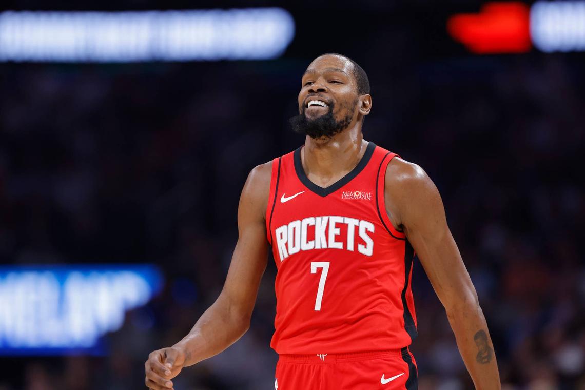  Oct 21, 2025; Oklahoma City, Oklahoma, USA; Houston Rockets forward Kevin Durant (7) smiles after a play against the Oklahoma City Thunder during the first half at Paycom Center. Mandatory Credit: Alonzo Adams-Imagn Images 