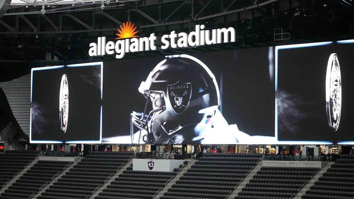  Jan 4, 2026; Paradise, Nevada, USA; The Las Vegas Raiders helmet logo on the video board at Allegiant Stadium. Mandatory Credit: Kirby Lee-Imagn Images | Kirby Lee-Imagn Images 