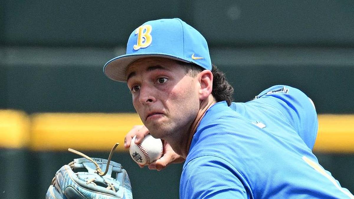  Jun 14, 2025; Omaha, Neb, USA; UCLA Bruins shortstop Roch Cholowsky (1) completes a double play against the Murray State Racers during the second inning at Charles Schwab Field. Mandatory Credit: Steven Branscombe-Imagn Images | Steven Branscombe-Imagn Images 