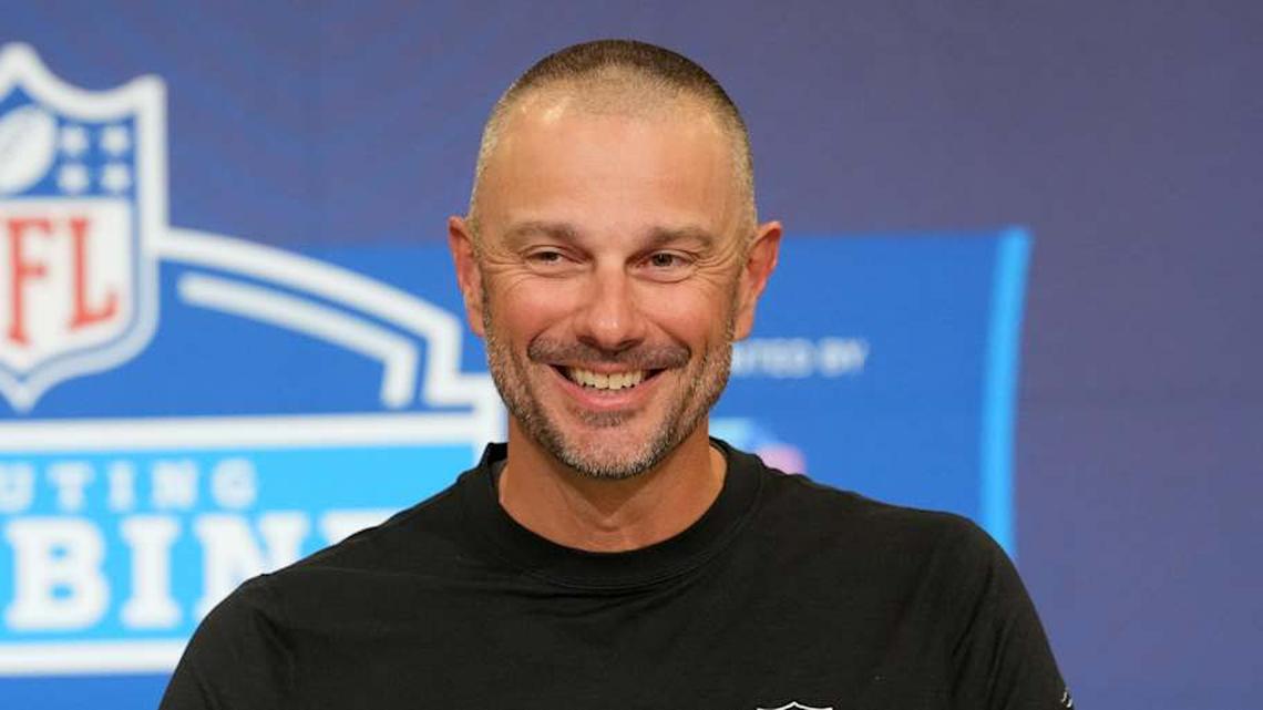  Feb 24, 2026; Indianapolis, IN, USA; Las Vegas Raiders general manager John Spytek speaks at the NFL Scouting Combine at the Indiana Convention Center. Mandatory Credit: Kirby Lee-Imagn Images | Kirby Lee-Imagn Images 