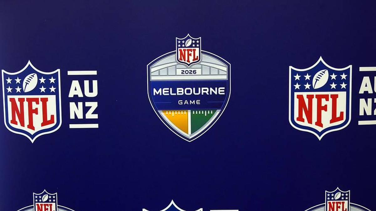  Feb 3, 2026; San Francisco, CA, USA; The logo for the 2026 NFL Melbourne game at the Super Bowl LX media center at the Moscone Center. Mandatory Credit: Kirby Lee-Imagn Images | Kirby Lee-Imagn Images 