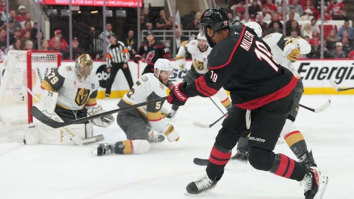 Golden Knights pull out high-scoring win over Canes in finals opener 