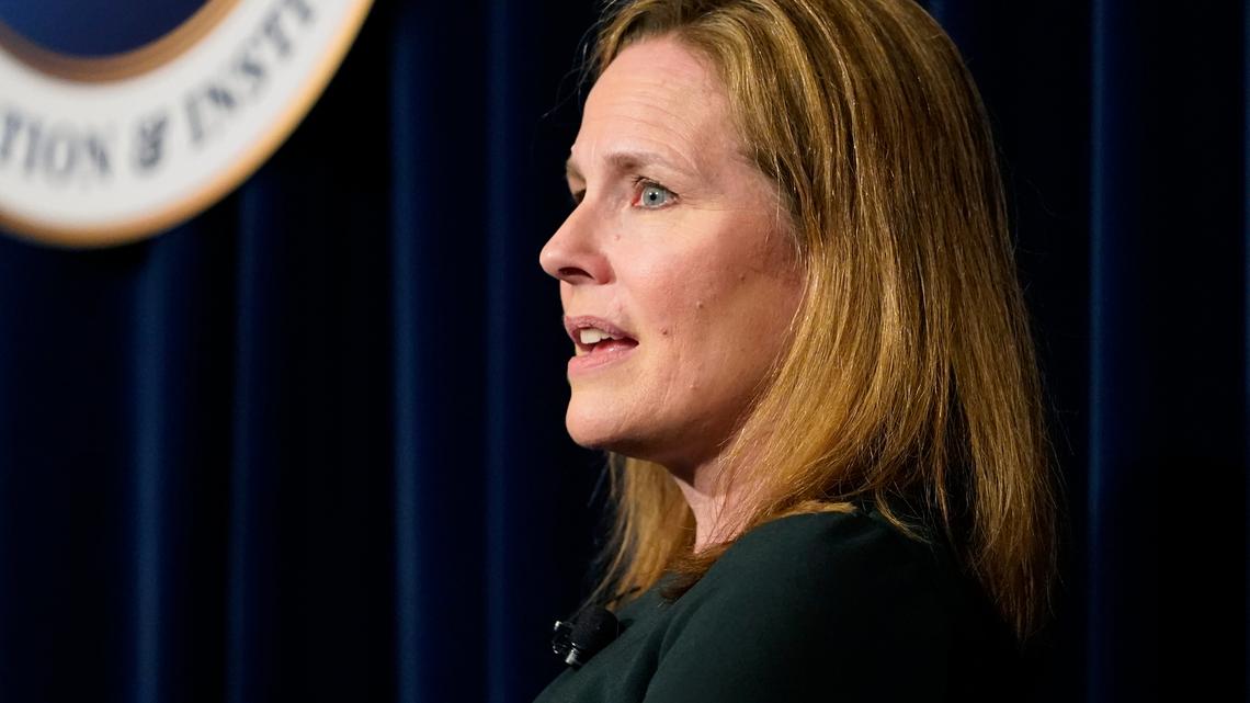 Justice Amy Coney Barrett at the Ronald Reagan Presidential Library Foundation in Simi Valley, Calif., on April 4.