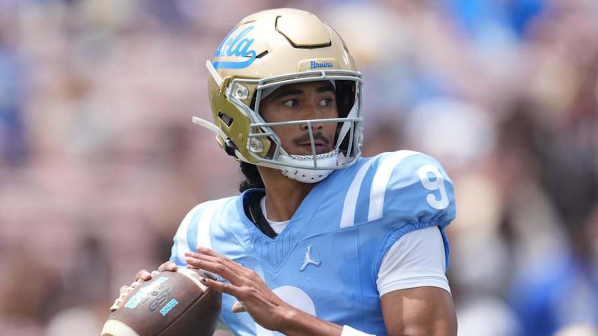  May 2, 2026; Pasadena, CA, USA; UCLA Bruins quarterback Nico Iamaleava (9) throws the ball during the spring game at Rose Bowl. Mandatory Credit: Kirby Lee-Imagn Images | Kirby Lee-Imagn Images 