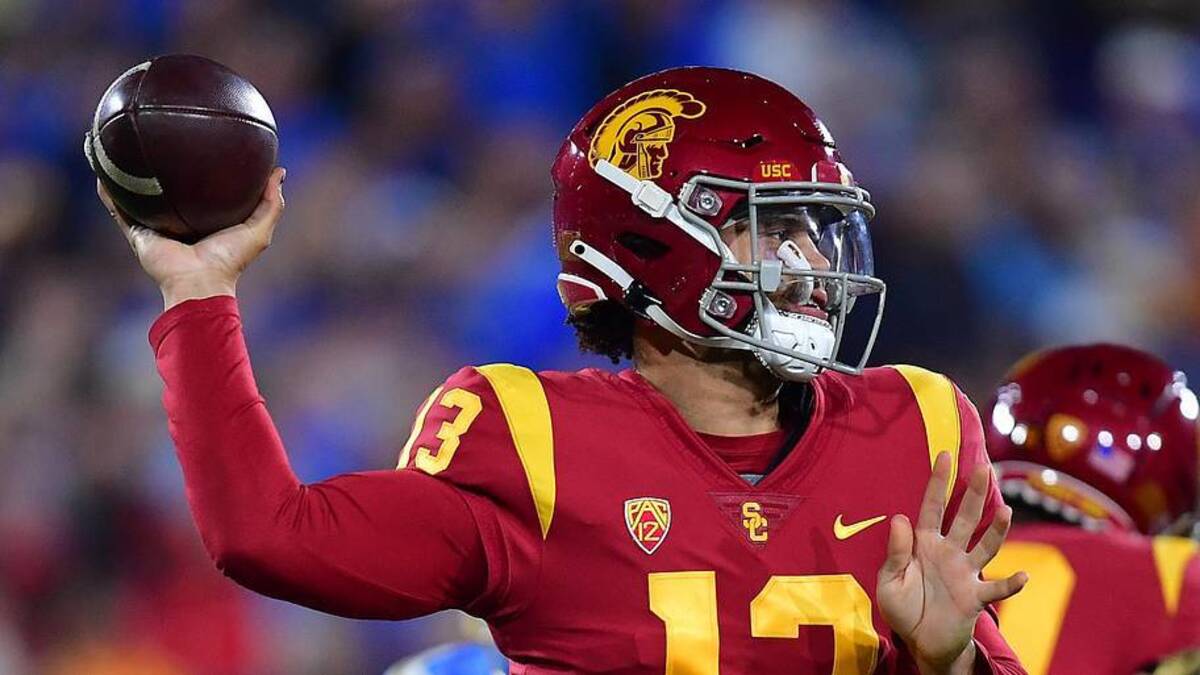  Nov 19, 2022; Pasadena, California, USA; Southern California Trojans quarterback Caleb Williams (13) throws against the UCLA Bruins during the first half at the Rose Bowl. Mandatory Credit: Gary A. Vasquez-Imagn Images | Gary A. Vasquez-Imagn Images 