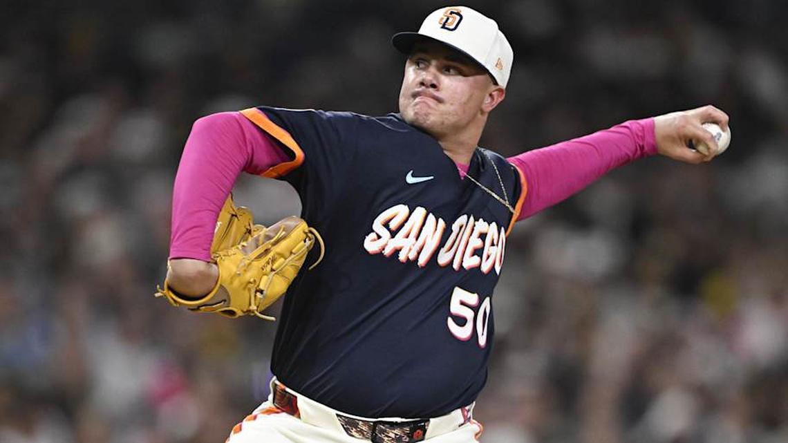  Apr 10, 2026; San Diego, California, USA; San Diego Padres relief pitcher Adrian Morejon (50) delivers during the eighth inning against the Colorado Rockies at Petco Park. | Denis Poroy-Imagn Images 