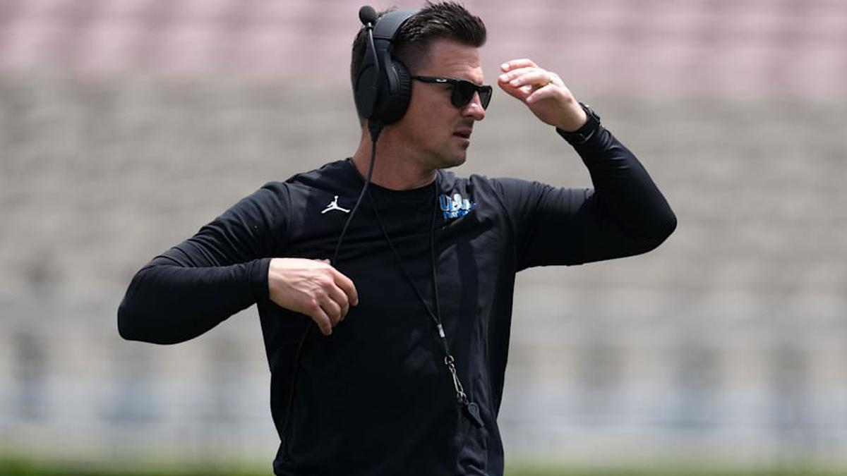  May 2, 2026; Pasadena, CA, USA; UCLA Bruins coach Bob Chesney reacts during the spring game at Rose Bowl. Mandatory Credit: Kirby Lee-Imagn Images | Kirby Lee-Imagn Images 