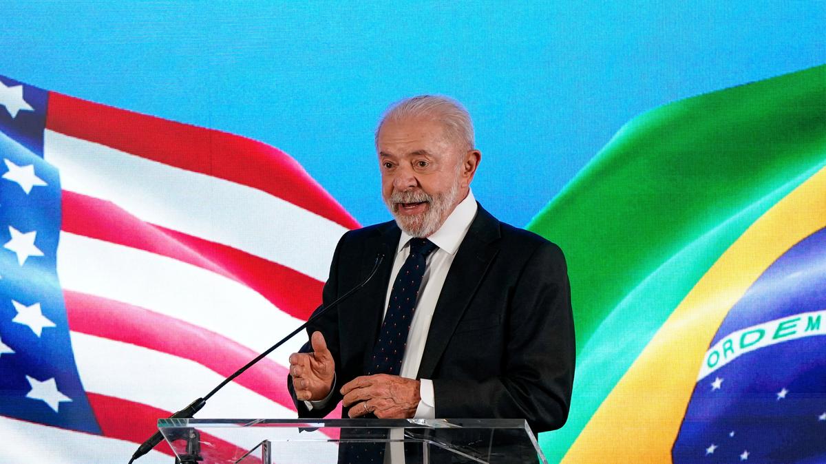 Brazilian President Luiz Inacio Lula da Silva speaks to reporters following his White House meeting with President Donald Trump, at the Brazilian Embassy in Washington on Thursday.