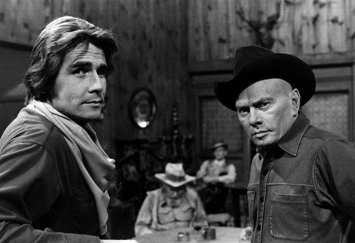 James Brolin and Yul Brynner looking behind them in a scene from the film ‘Westworld’, 1973.Metro-Goldwyn-Mayer/Getty Images)