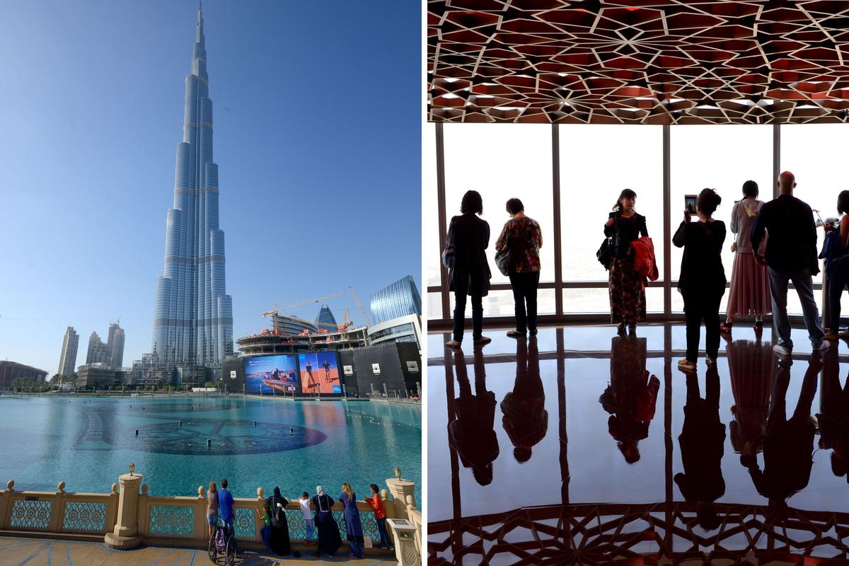  The Burj Khalifa, the tallest building in the world, pictured in January 2010 (left); visitors at on observation deck at the Burj Khalifa in 2015. 