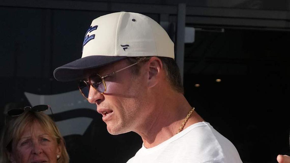  Mar 21, 2026; Los Angeles, CA, USA; Founders FFC quarterback Tom Brady (12) talks with fans during the Fanatics Flag Football Classic at BMO stadium. Mandatory Credit: Kirby Lee-Imagn Images | Kirby Lee-Imagn Images 