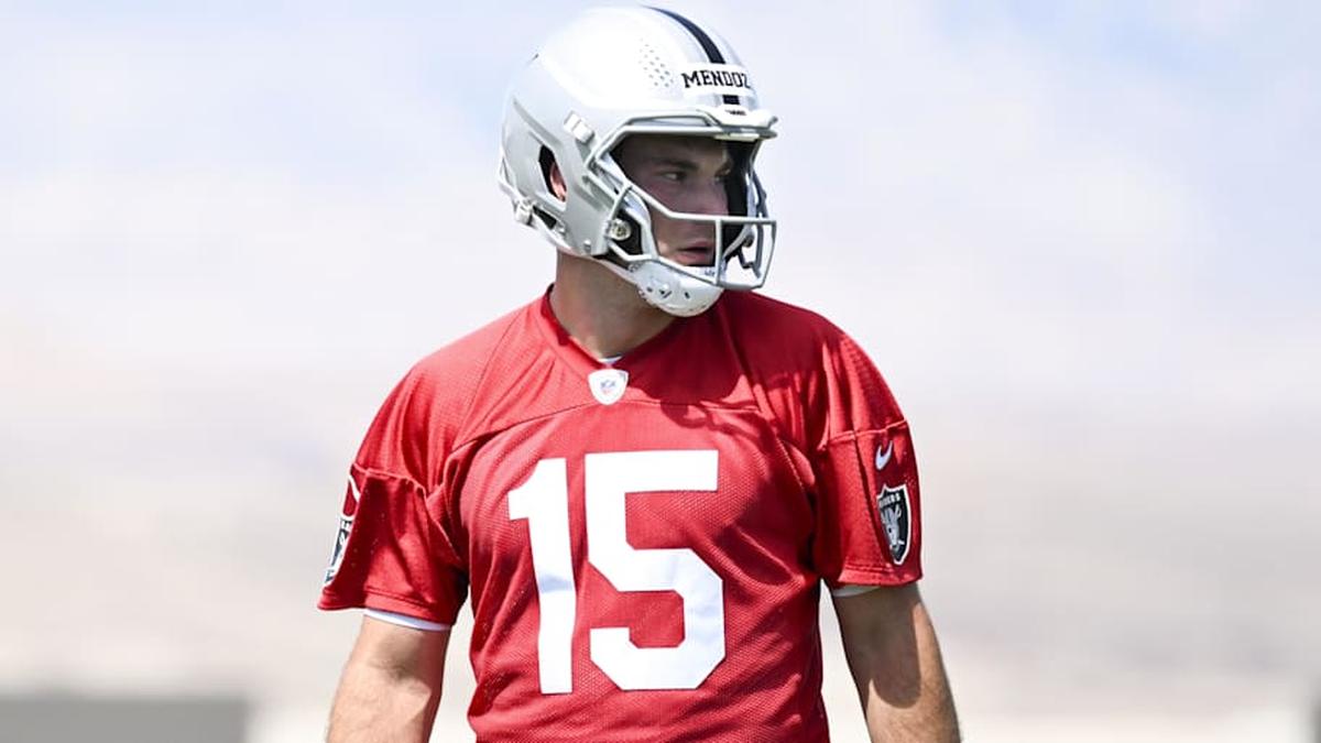  May 2, 2026; Henderson, NV, USA; Las Vegas Raiders quarterback Fernando Mendoza (15) runs through a drill during a Rookie Minicamp at Intermountain Health Performance Center. Mandatory Credit: Candice Ward-Imagn Images | Candice Ward-Imagn Images 