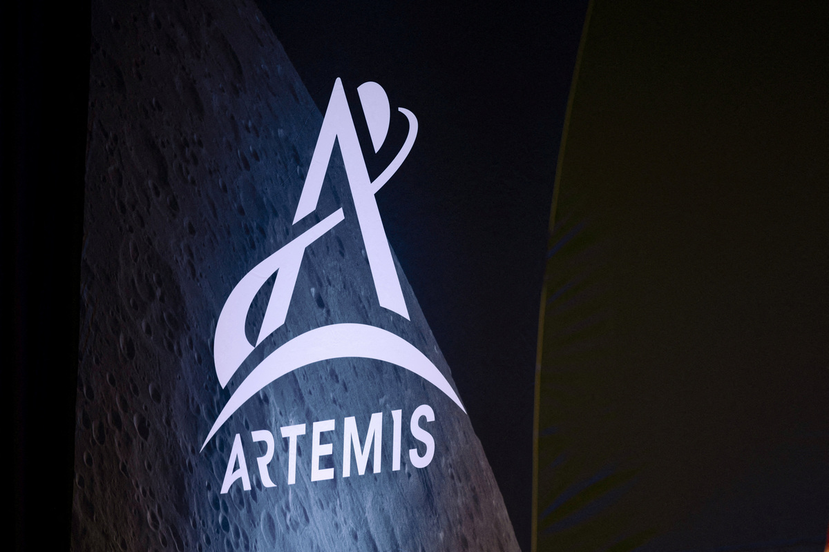 The Artemis logo during the unveiling for the NASA Artemis III mission at an event at NASA Johnson Space Center in Houston, Texas, U.S., June 9, 2026. REUTERS/Antranik Tavitian