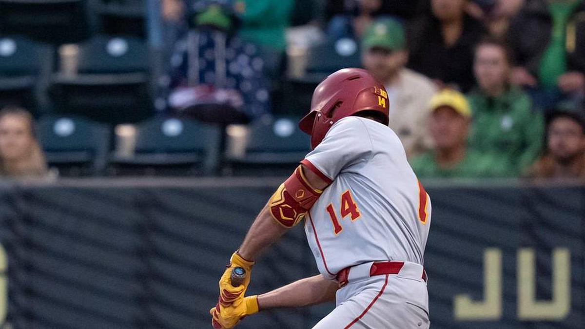  USC outfielder Jack Basseer hits a single as the Oregon Ducks host the USC Trojans on May 14, 2026, in Eugene, Oregon. | Ben Lonergan/The Register-Guard / USA TODAY NETWORK via Imagn Images 