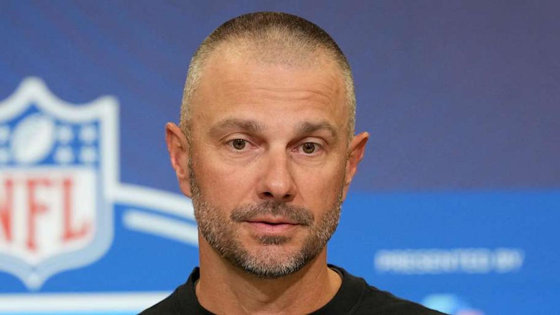  Feb 24, 2026; Indianapolis, IN, USA; Las Vegas Raiders general manager John Spytek speaks at the NFL Scouting Combine at the Indiana Convention Center. Mandatory Credit: Kirby Lee-Imagn Images | Kirby Lee-Imagn Images 