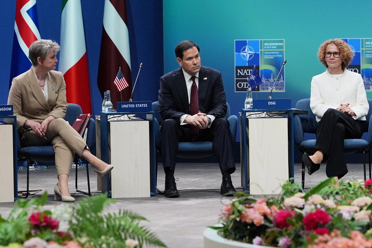 From left, Britain’s Foreign Secretary Yvette Cooper, United States Secretary of State Marco Rubio, and NATO Deputy Secretary General Radmila Shekerinska attend a meeting of the North Atlantic Council in NATO foreign ministers format in Helsingborg, Sweden, Friday, May 22, 2026. Julia Demaree Nikhinson/Pool via REUTERS