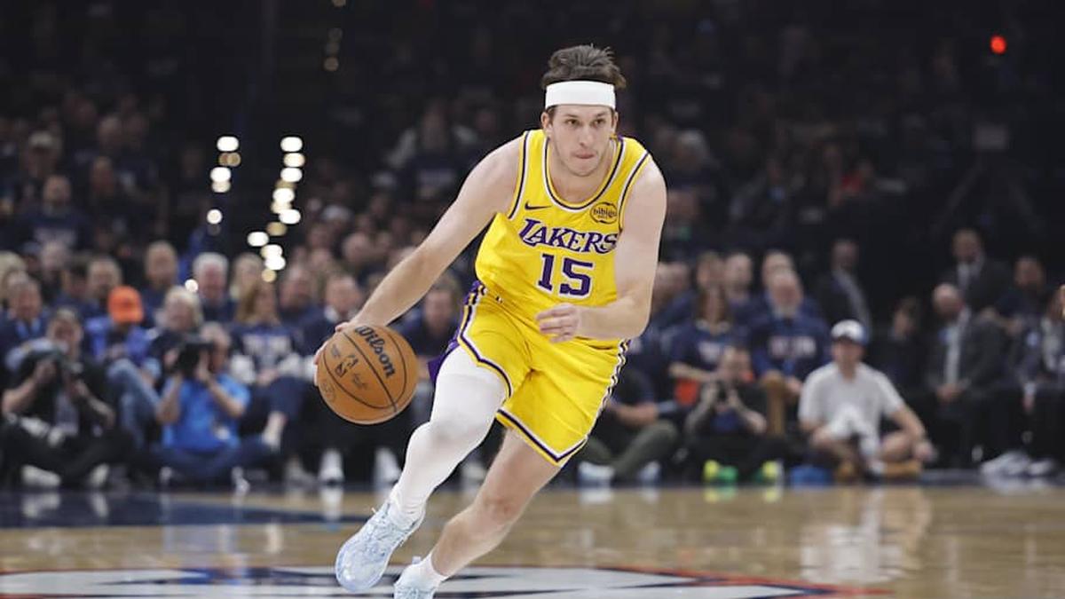  May 7, 2026; Oklahoma City, Oklahoma, USA; Los Angeles Lakers guard Austin Reaves (15) dribbles down the court against the Oklahoma City Thunder in the first half during game two of the second round of the 2026 NBA Playoffs at Paycom Center. | Alonzo Adams-Imagn Images 