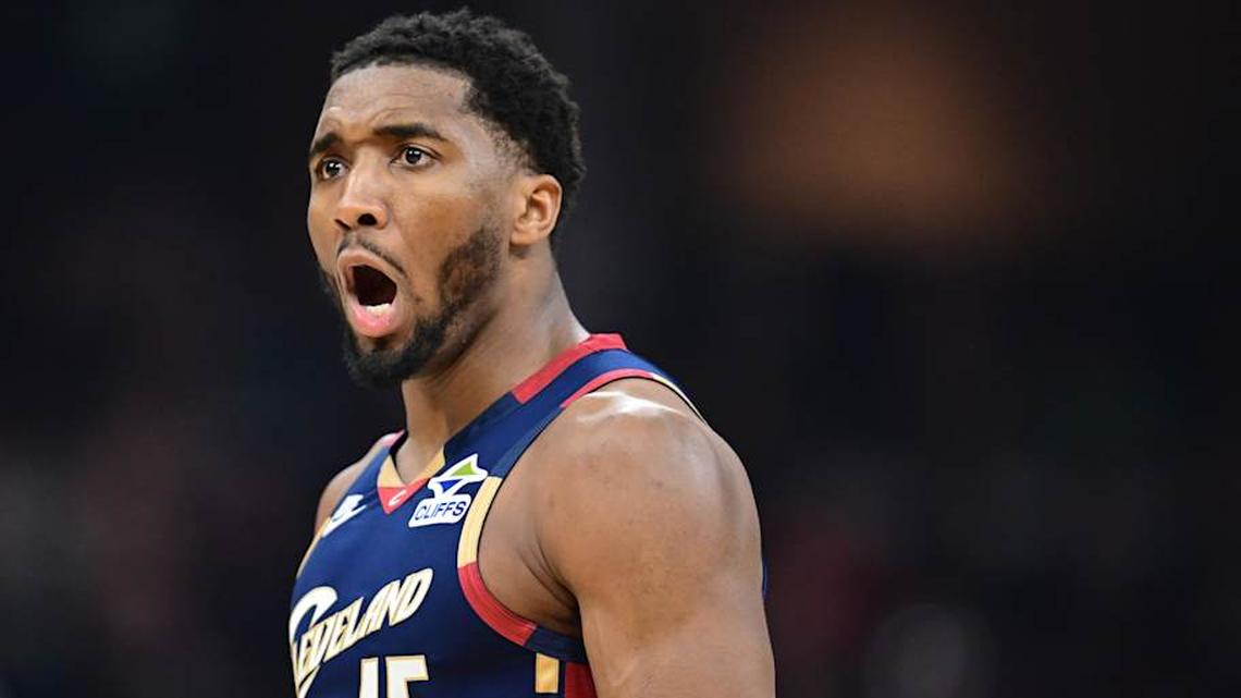  Apr 20, 2026; Cleveland, Ohio, USA; Cleveland Cavaliers guard Donovan Mitchell (45) reacts after a made basket during the second half during game two of the first round of the 2026 NBA Playoffs against the Toronto Raptors at Rocket Arena. Mandatory Credit: David Dermer-Imagn Images | David Dermer-Imagn Images 