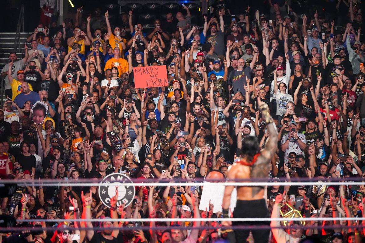  Roman Reigns and the crowd at Benchmark International Arena in Tampa during Backlash 2026. Getty Images