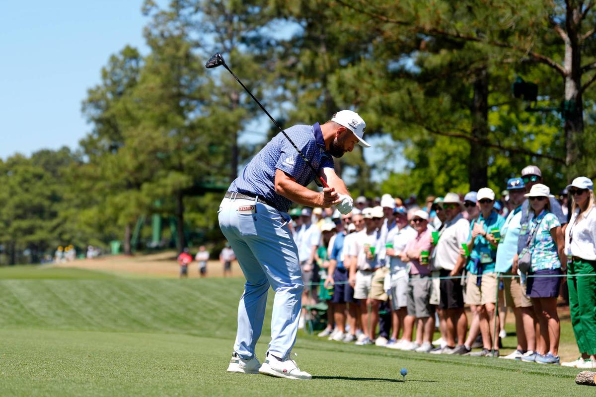  Jon Rahm tees off on the 15th hole during the third round of the Masters Tournament at Augusta National Golf Club. Katie Goodale-Imagn Images