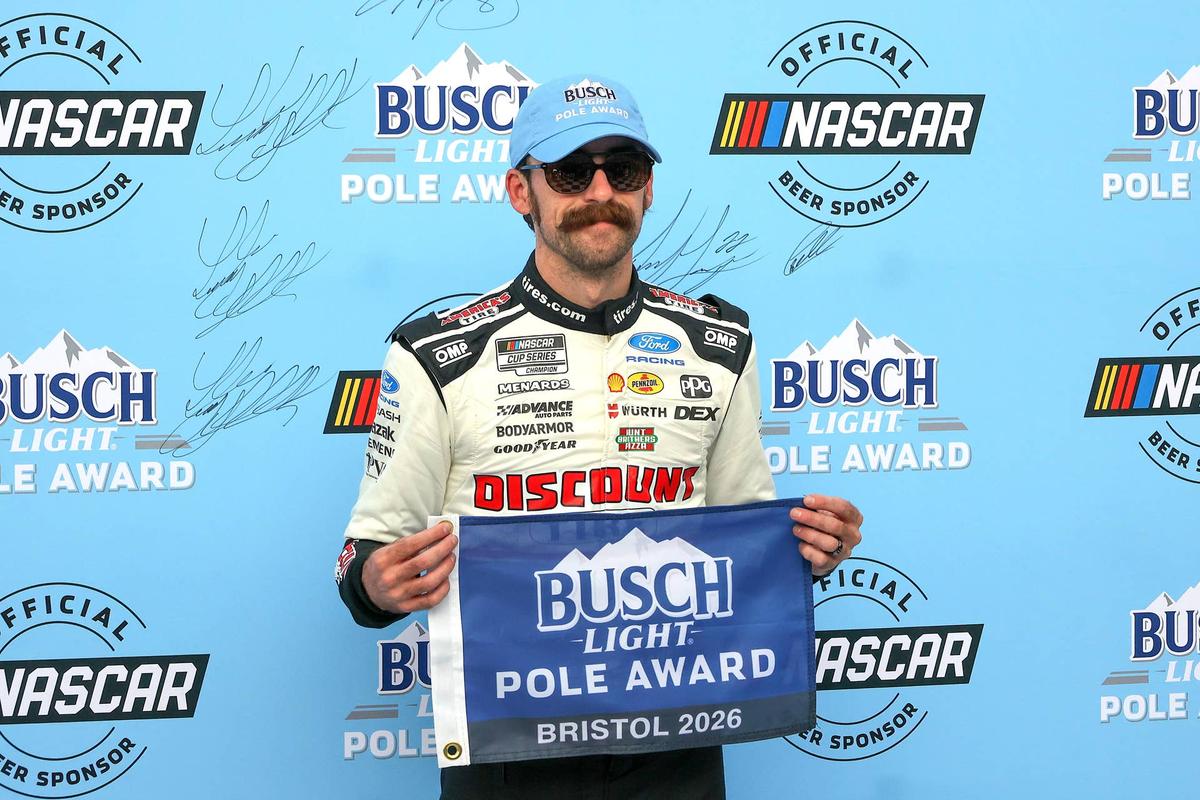  Apr 11, 2026; Bristol, Tennessee, USA; Team Penske driver Ryan Blaney (12) wins the pole position at Bristol Motor Speedway. Mandatory Credit: Randy Sartin-Imagn Images 