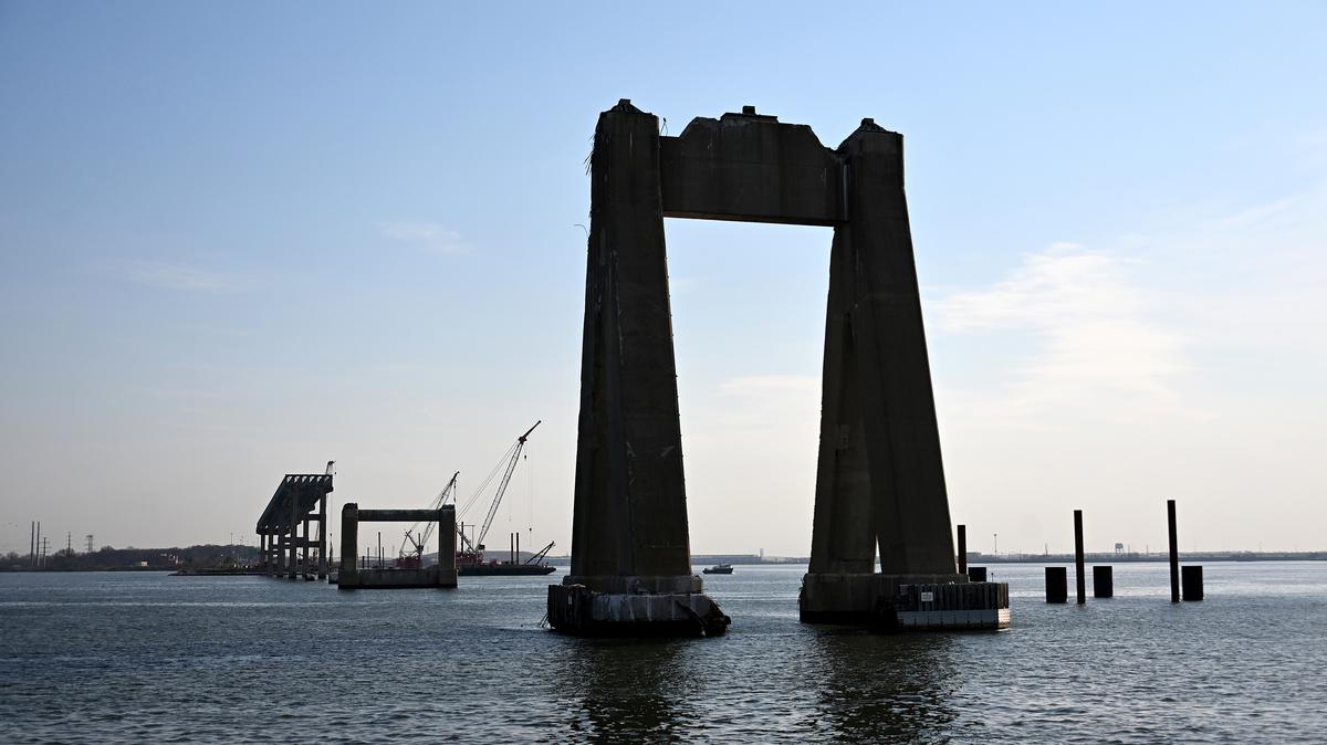 Two years after the collapse of the Francis Scott Key Bridge, a pier bridge is still visible as rebuilding continues. (Kim Hairston/The Baltimore Sun/TNS)
