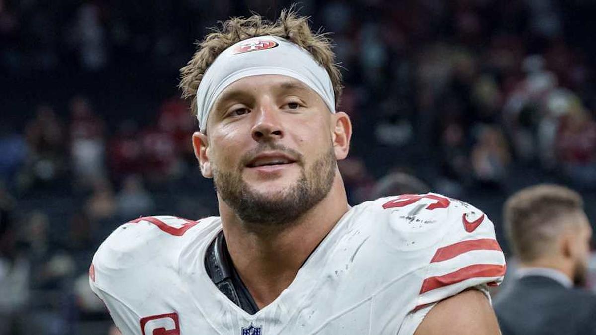  Sep 14, 2025; New Orleans, Louisiana, USA; San Francisco 49ers defensive end Nick Bosa (97) leaves the field at Caesars Superdome. Mandatory Credit: Matthew Hinton-Imagn Images | Matthew Hinton-Imagn Images 