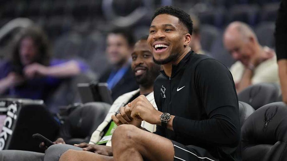  Apr 10, 2026; Milwaukee, Wisconsin, USA; Milwaukee Bucks forward Giannis Antetokounmpo enjoys a moment during warmups prior to the game against the Brooklyn Nets at Fiserv Forum. Mandatory Credit: Jeff Hanisch-Imagn Images | Jeff Hanisch-Imagn Images 