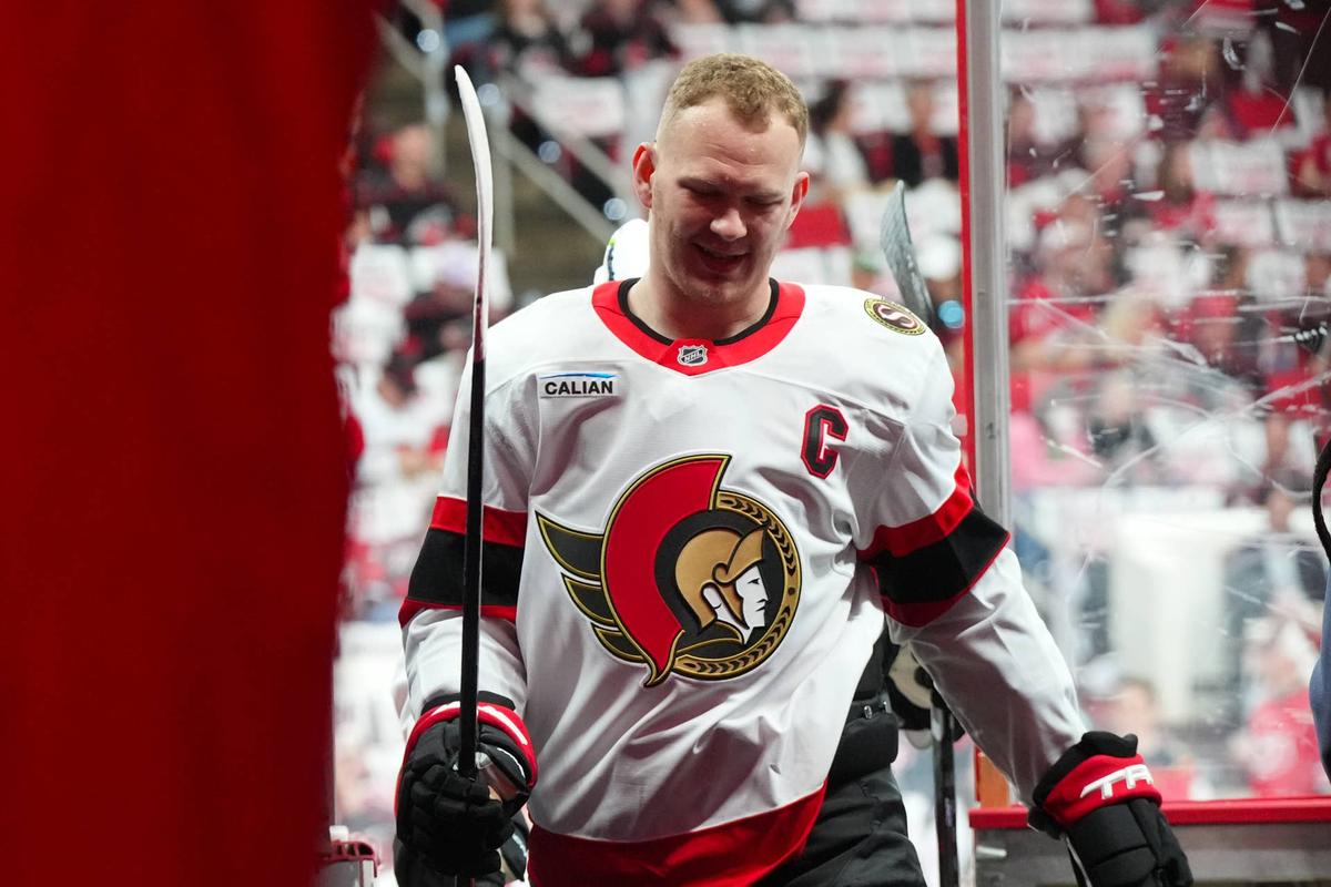  Ottawa Senators left wing Brady Tkachuk (7) comes off the ice after the warmups before the game against the Carolina Hurricanes in game one of the first round of the 2026 Stanley Cup Playoffs at Lenovo Center.