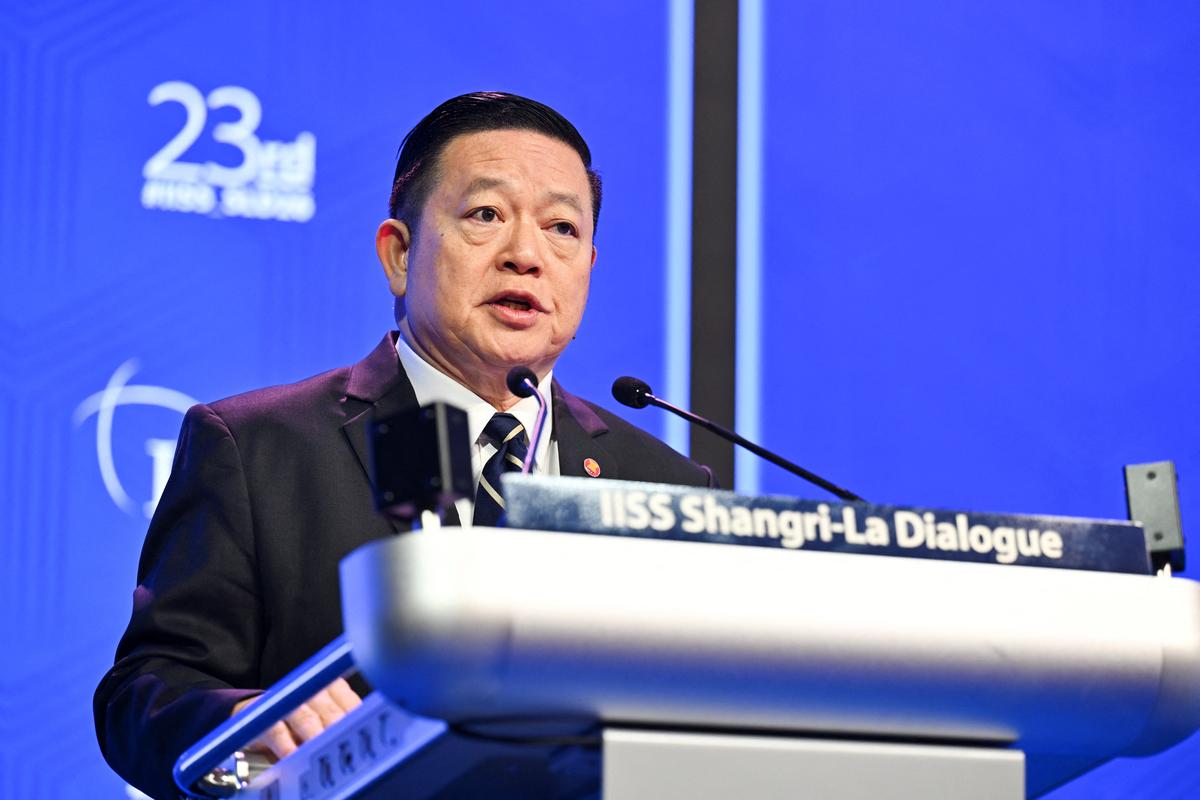 Dr. Kao Kim Hourn, Secretary-General of ASEAN speaks at the IISS Shangri-La Dialogue security summit in Singapore, May 30, 2026. REUTERS/Caroline Chia
