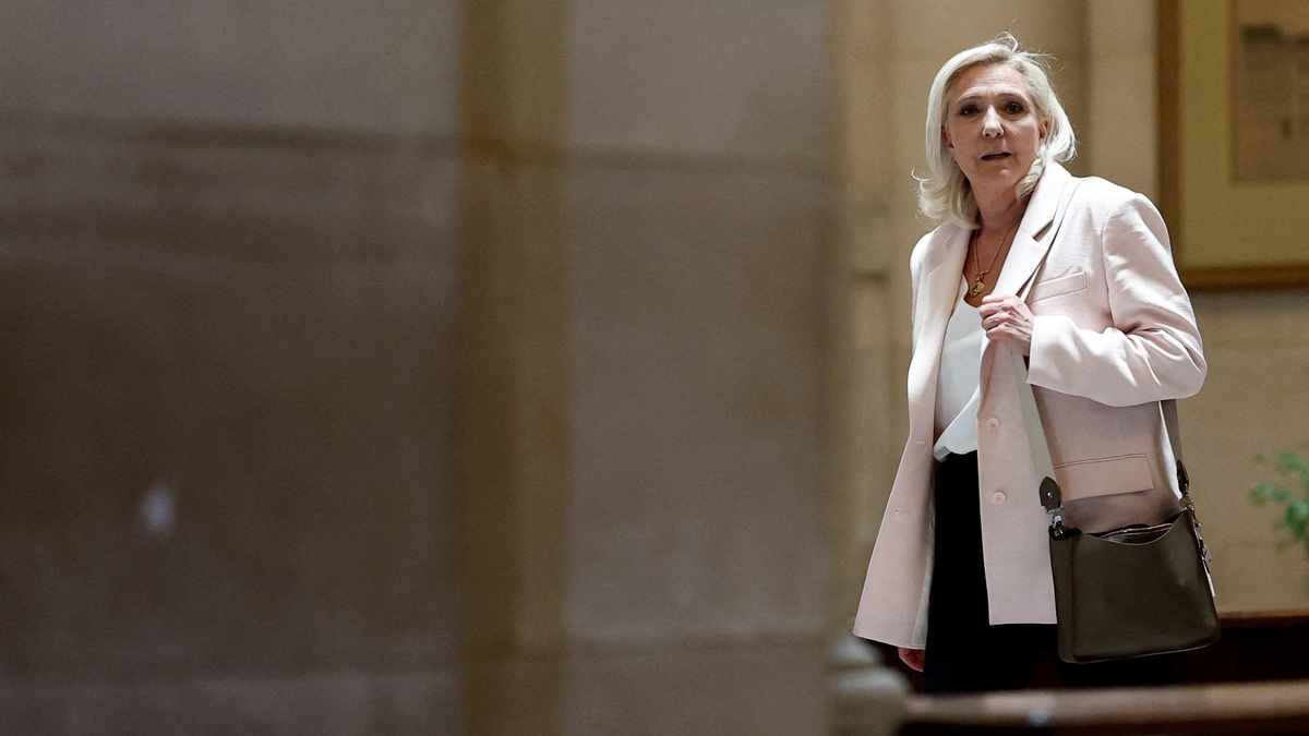French far-right leader Marine Le Pen, member of parliament for the Rassemblement National (National Rally - RN) party, leaves after the verdict in her appeal trial, alongside the RN party itself and 10 others defendants found guilty of diverting European Parliament funds, at the Paris courthouse on the Ile de la Cite, in Paris, France, July 7, 2026. REUTERS/Benoit Tessier