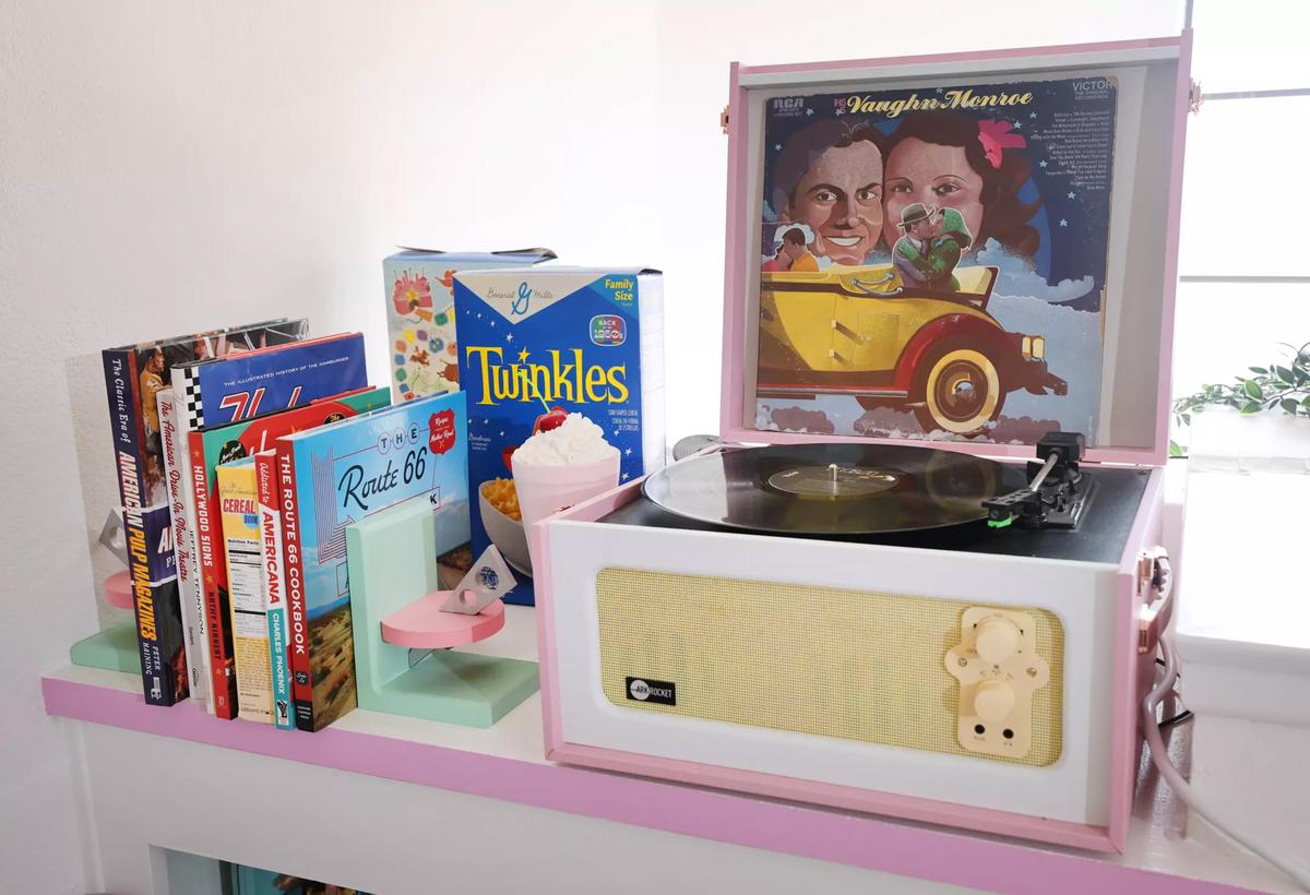 “The Route 66 Cookbook” is within reach of the sparkling vinyl dinette. 