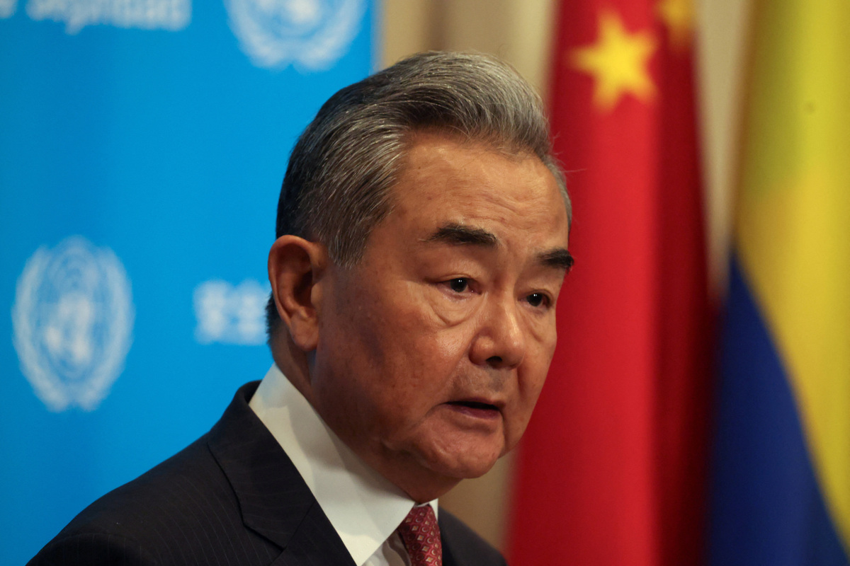 Chinese Foreign Minister Wang Yi speaks with the media at the U.N. headquarters in New York City, U.S., May 26, 2026. REUTERS/Shannon Stapleton