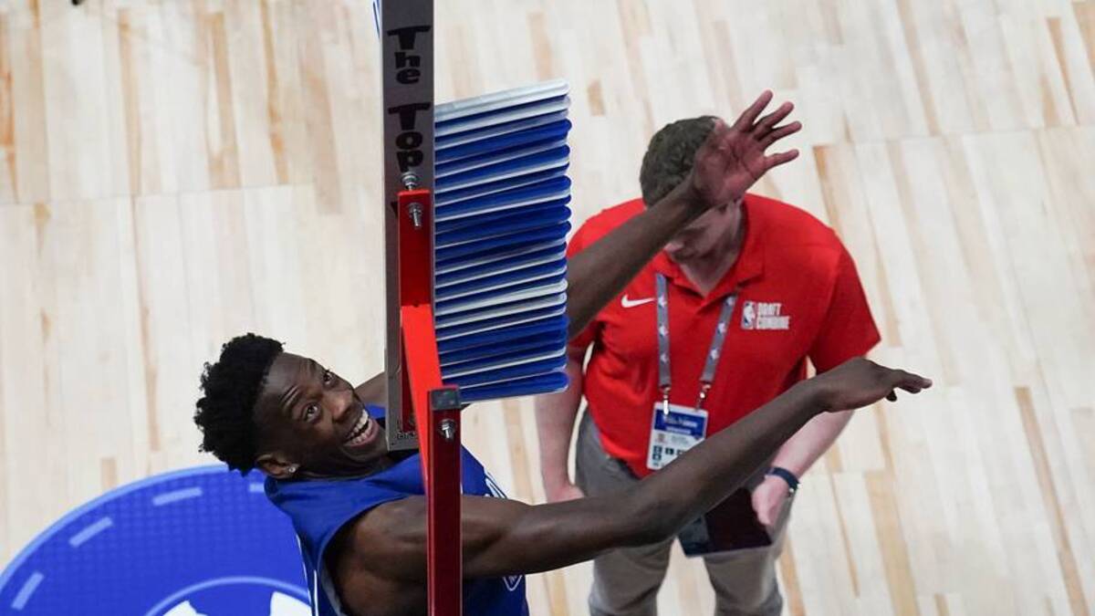  AJ Dybantsa participates in the 2026 NBA Draft Combine at Wintrust Arena. | IMAGN IMAGES via Reuters Connect 