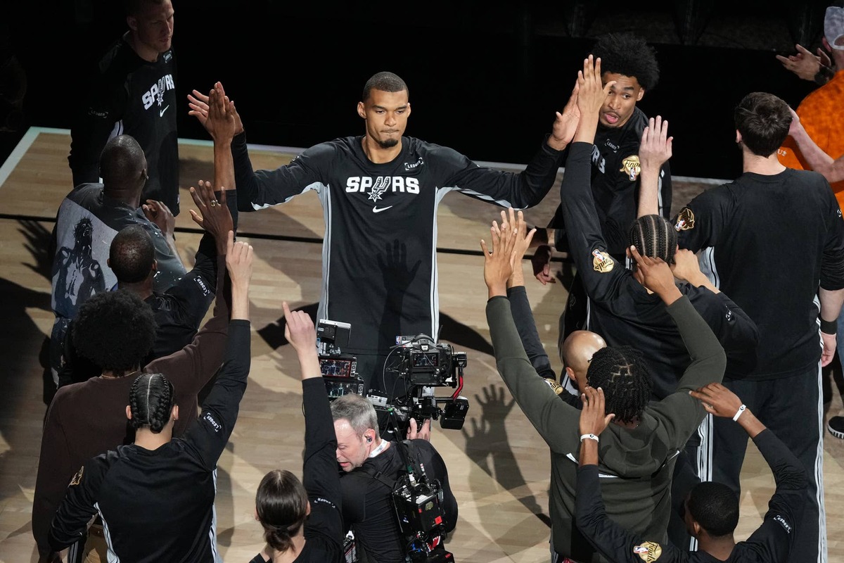  Jun 3, 2026; San Antonio, Texas, USA; San Antonio Spurs forward Victor Wembanyama (1) takes the floor before game one of the 2026 NBA Finals at Frost Bank Center. Mandatory Credit: Scott Wachter-Imagn Images 