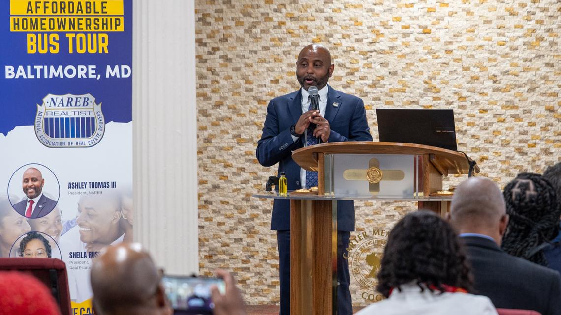 Ashley Thomas III, National President of the National Association of Real Estate Brokers, speaks at the Affordable Homeownership Bus Tour. The tour stopped in Baltimore but is traveling all over to provide resources for prospective homeowners. (Surya Vaidy/Baltimore Sun/TNS)