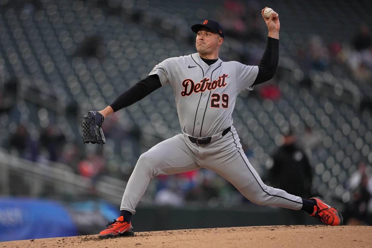  Apr 7, 2026; Minneapolis, Minnesota, USA; Detroit Tigers pitcher Tarik Skubal (29) pitches during the second inning against the Minnesota Twins at Target Field. Mandatory Credit: Jordan Johnson-Imagn Images