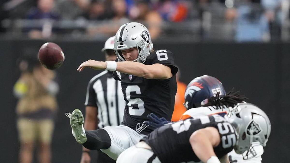  Dec 7, 2025; Paradise, Nevada, USA; Las Vegas Raiders punter AJ Cole (6) punts the ball against the Denver Broncos during the first half at Allegiant Stadium. Mandatory Credit: Kirby Lee-Imagn Images | Kirby Lee-Imagn Images 